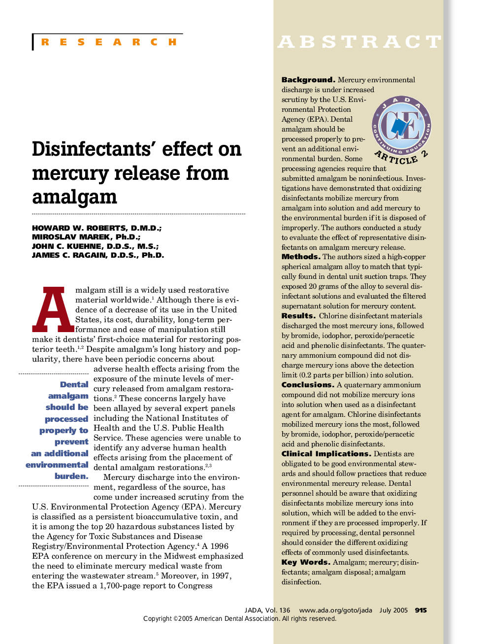 Disinfectants' effect on mercury release from amalgam