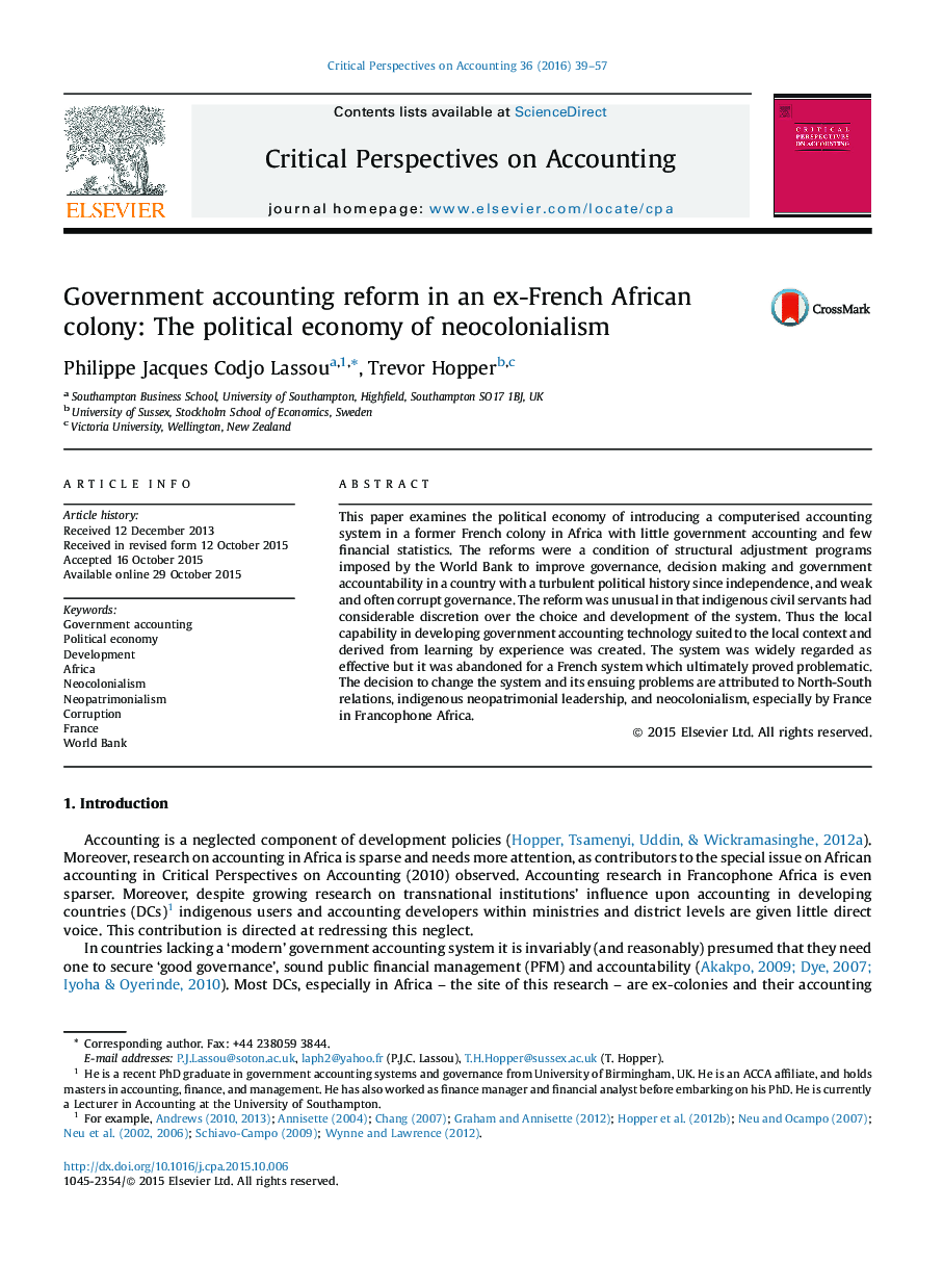 اصلاحات حسابداری دولتی در مستعمره آفریقایی فرانسه سابق : اقتصاد سیاسی استعمار جدید