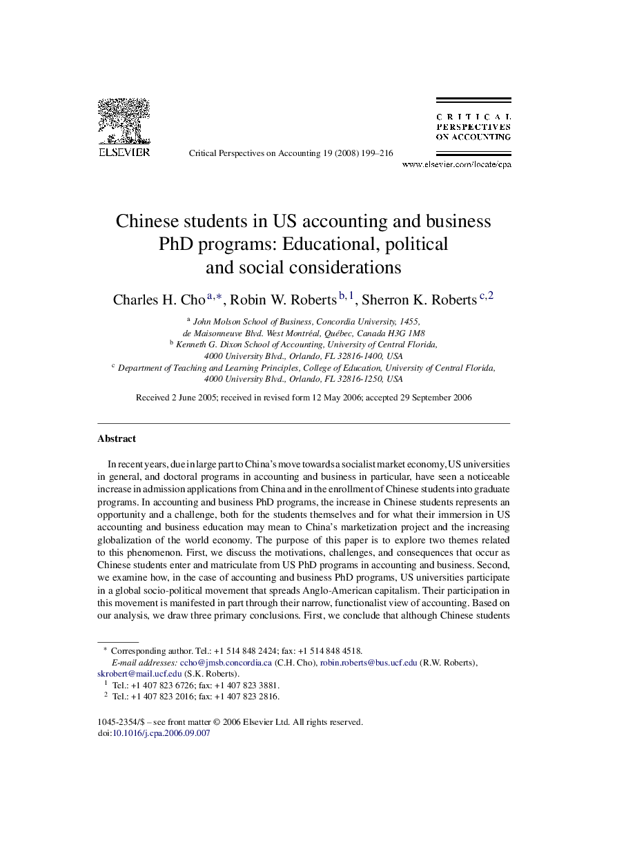 Chinese students in US accounting and business PhD programs: Educational, political and social considerations