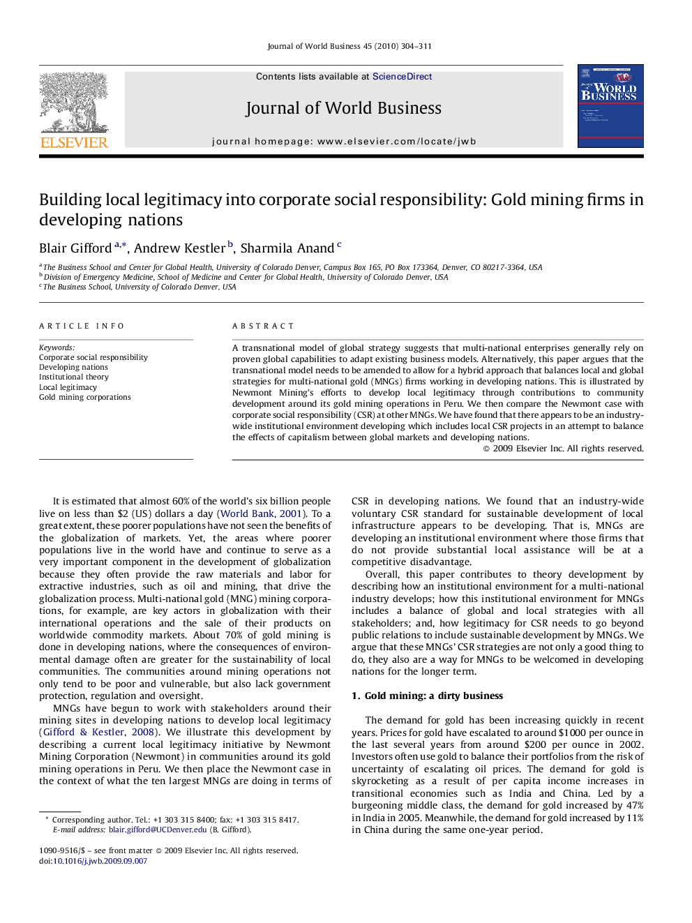 Building local legitimacy into corporate social responsibility: Gold mining firms in developing nations