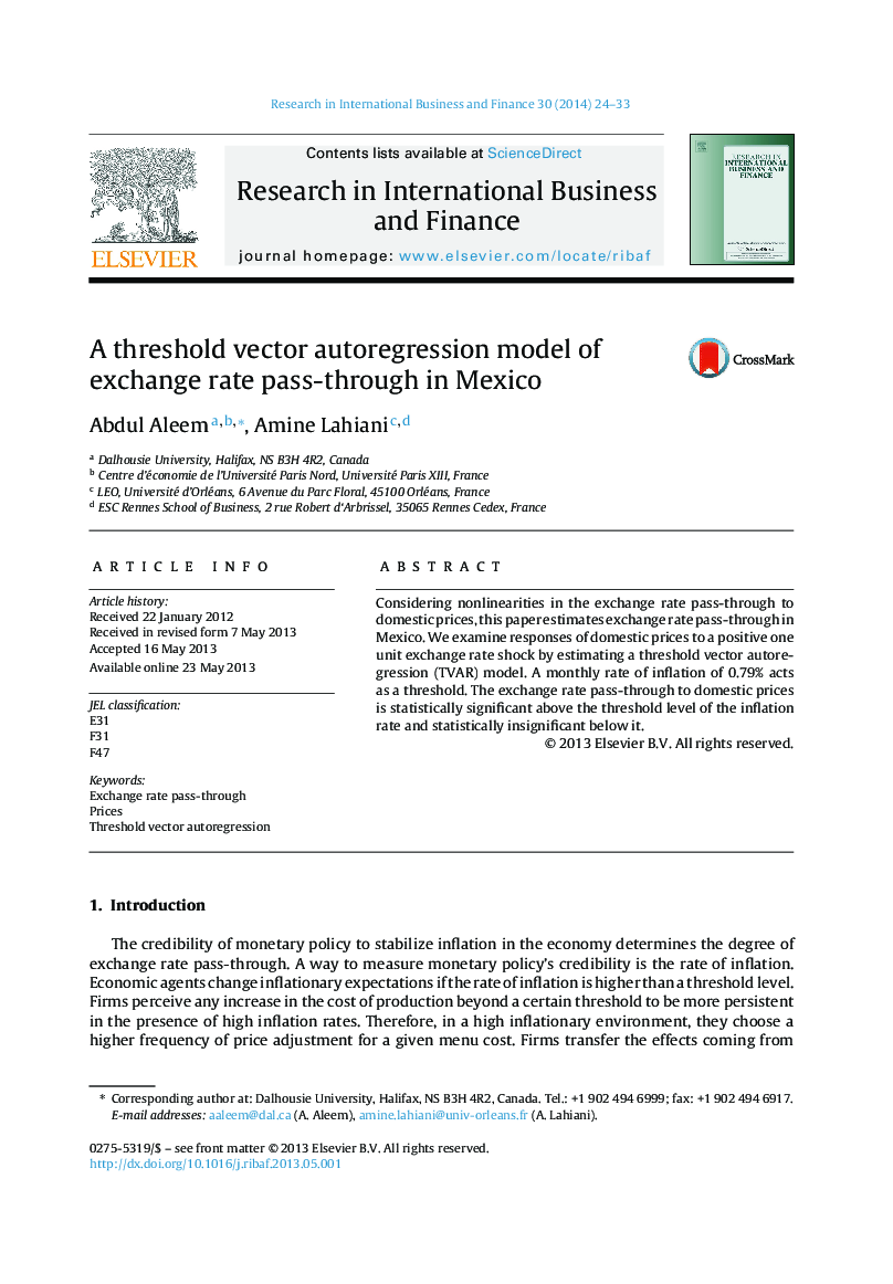 A threshold vector autoregression model of exchange rate pass-through in Mexico