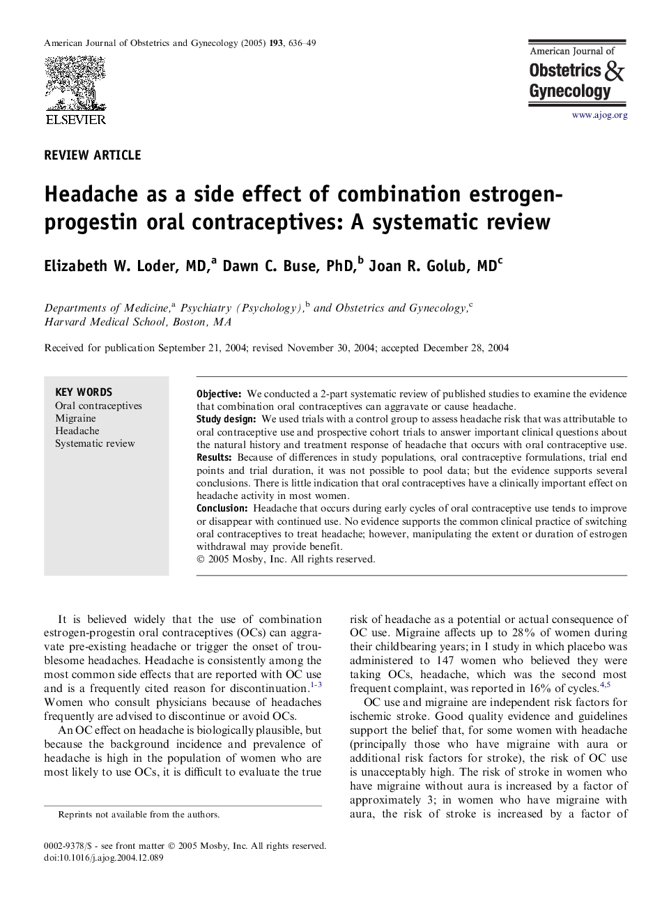 Headache as a side effect of combination estrogen-progestin oral contraceptives: A systematic review