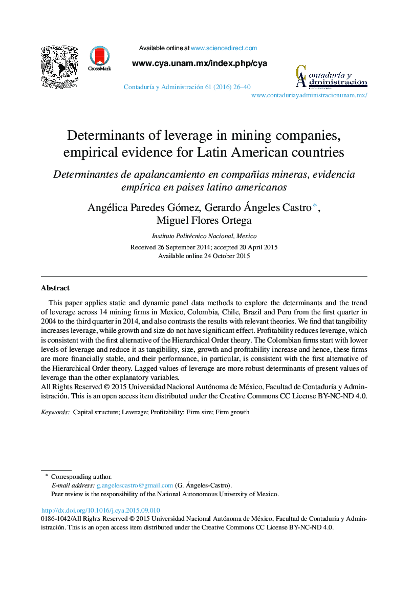 عوامل تعیین کننده اهرم در شرکت های استخراج معدن، شواهد تجربی برای کشورهای آمریکای لاتین
