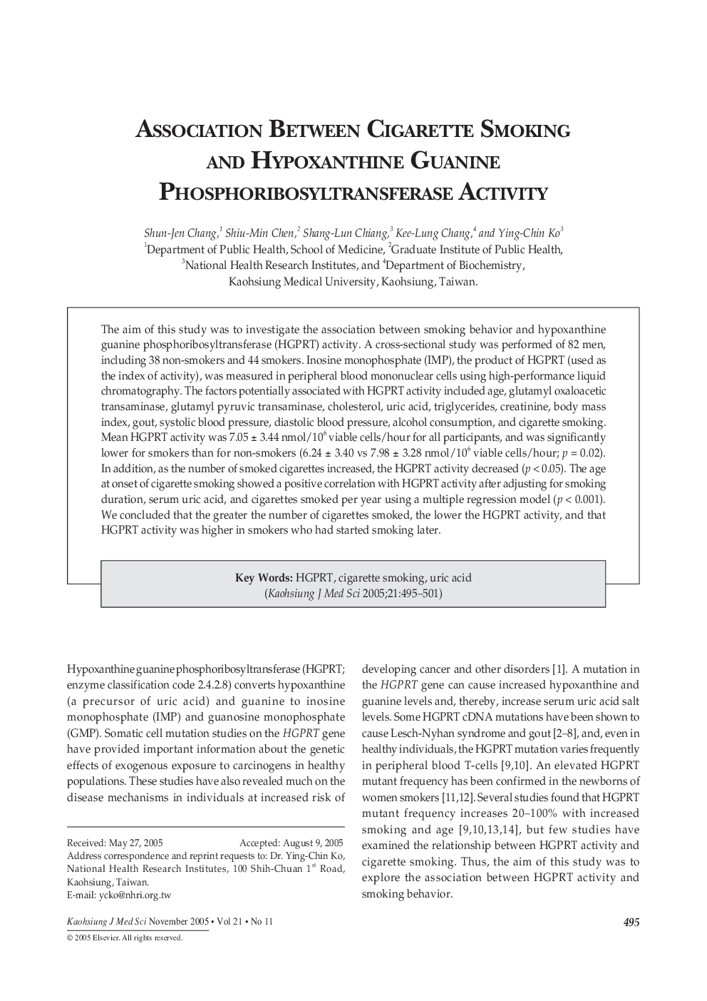 Association between Cigarette Smoking and Hypoxanthine Guanine Phosphoribosyltransferase Activity