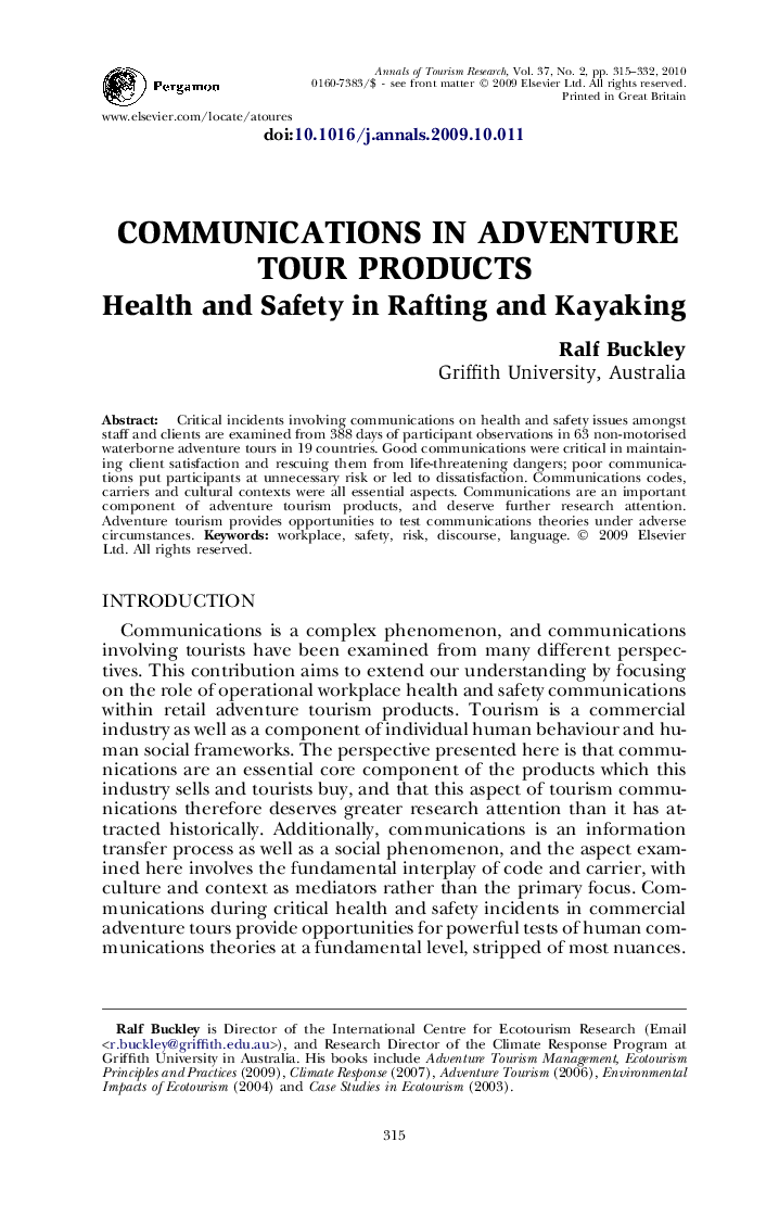 COMMUNICATIONS IN ADVENTURE TOUR PRODUCTS: Health and Safety in Rafting and Kayaking