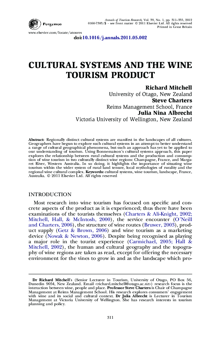 Cultural systems and the wine tourism product