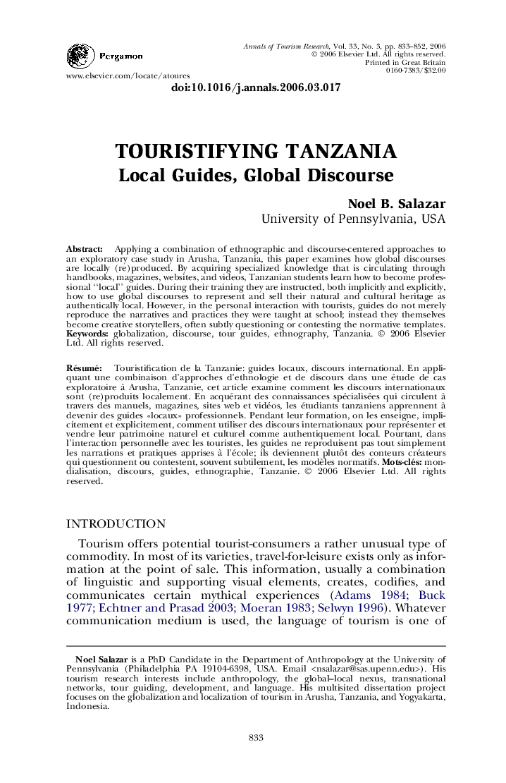 Touristifying Tanzania: Local Guides, Global Discourse