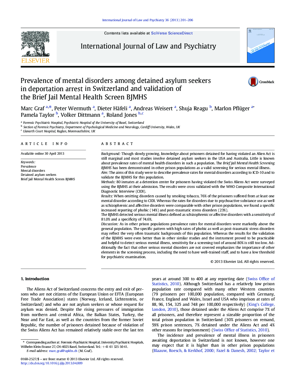 Prevalence of mental disorders among detained asylum seekers in deportation arrest in Switzerland and validation of the Brief Jail Mental Health Screen BJMHS