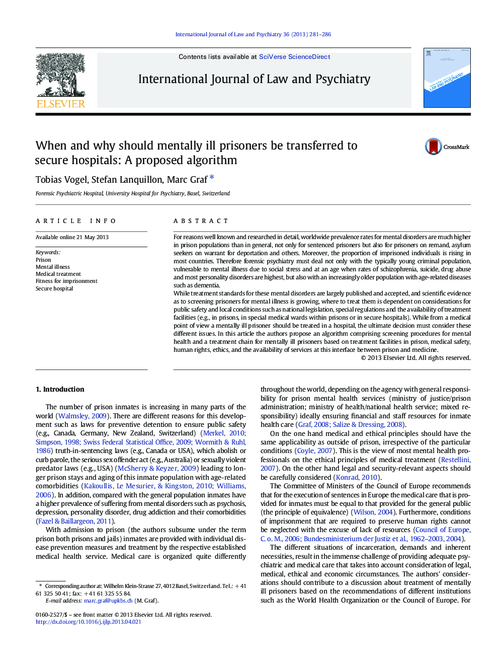 When and why should mentally ill prisoners be transferred to secure hospitals: A proposed algorithm