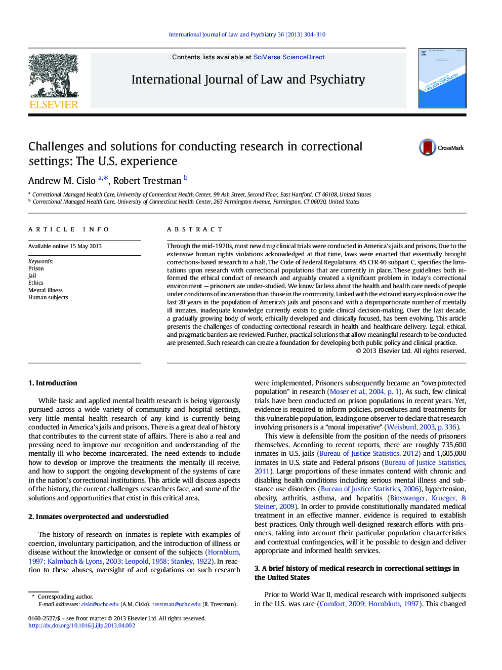 Challenges and solutions for conducting research in correctional settings: The U.S. experience