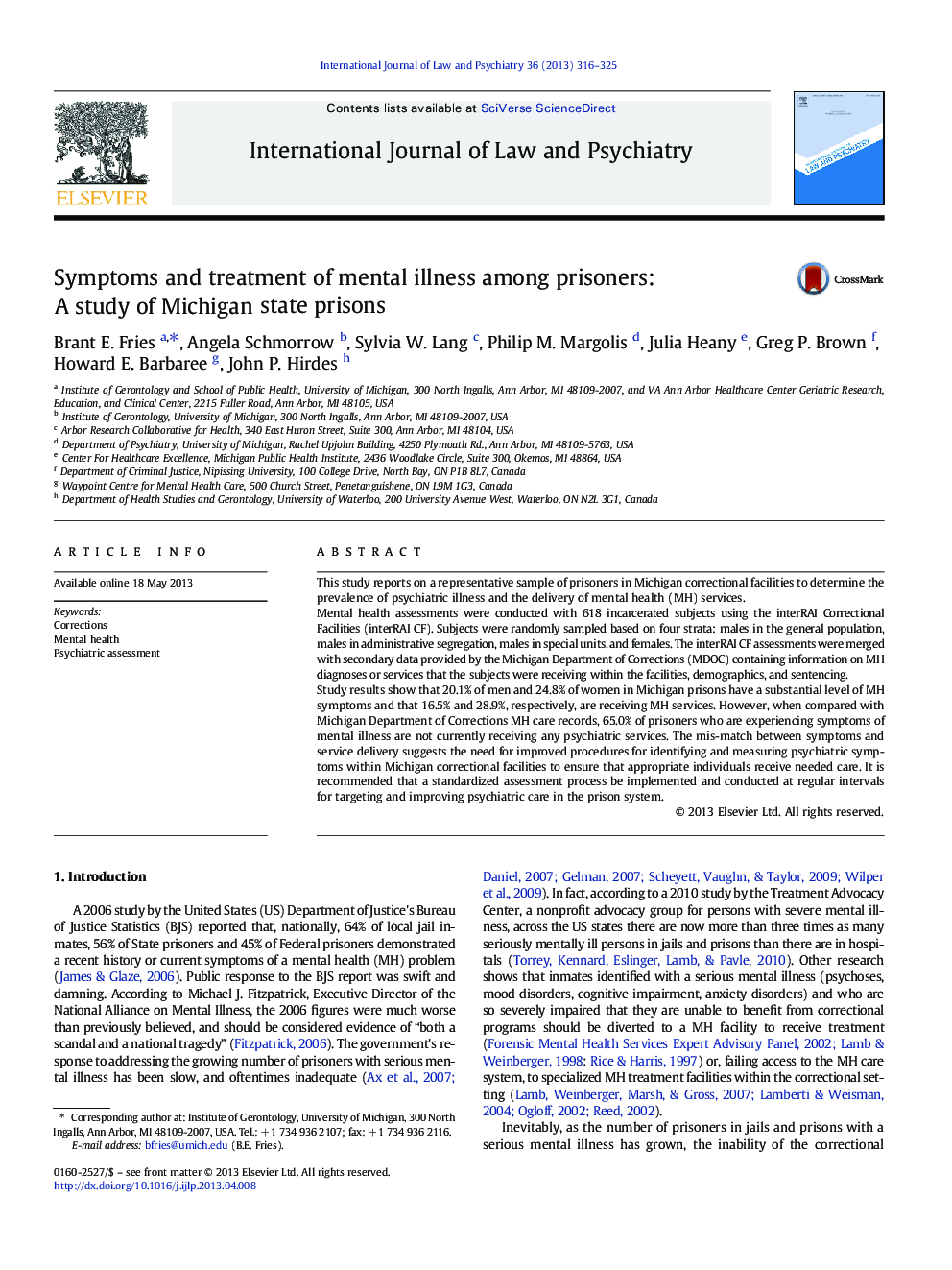 Symptoms and treatment of mental illness among prisoners: A study of Michigan state prisons