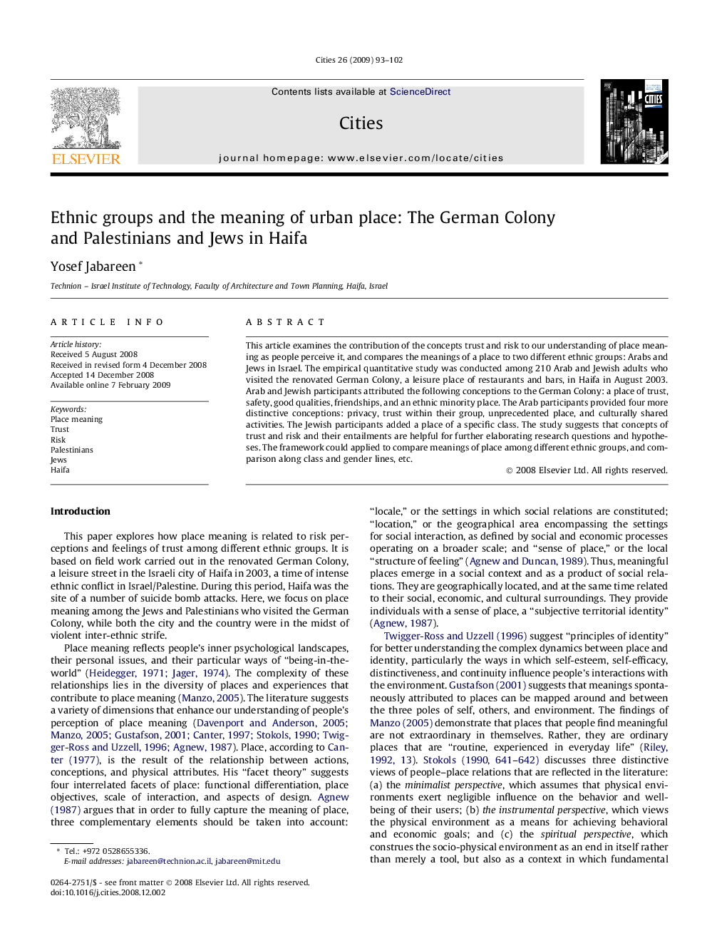 Ethnic groups and the meaning of urban place: The German Colony and Palestinians and Jews in Haifa