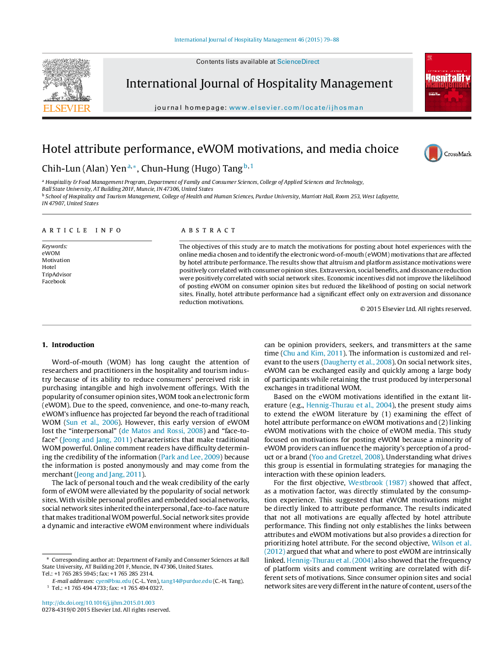 Hotel attribute performance, eWOM motivations, and media choice