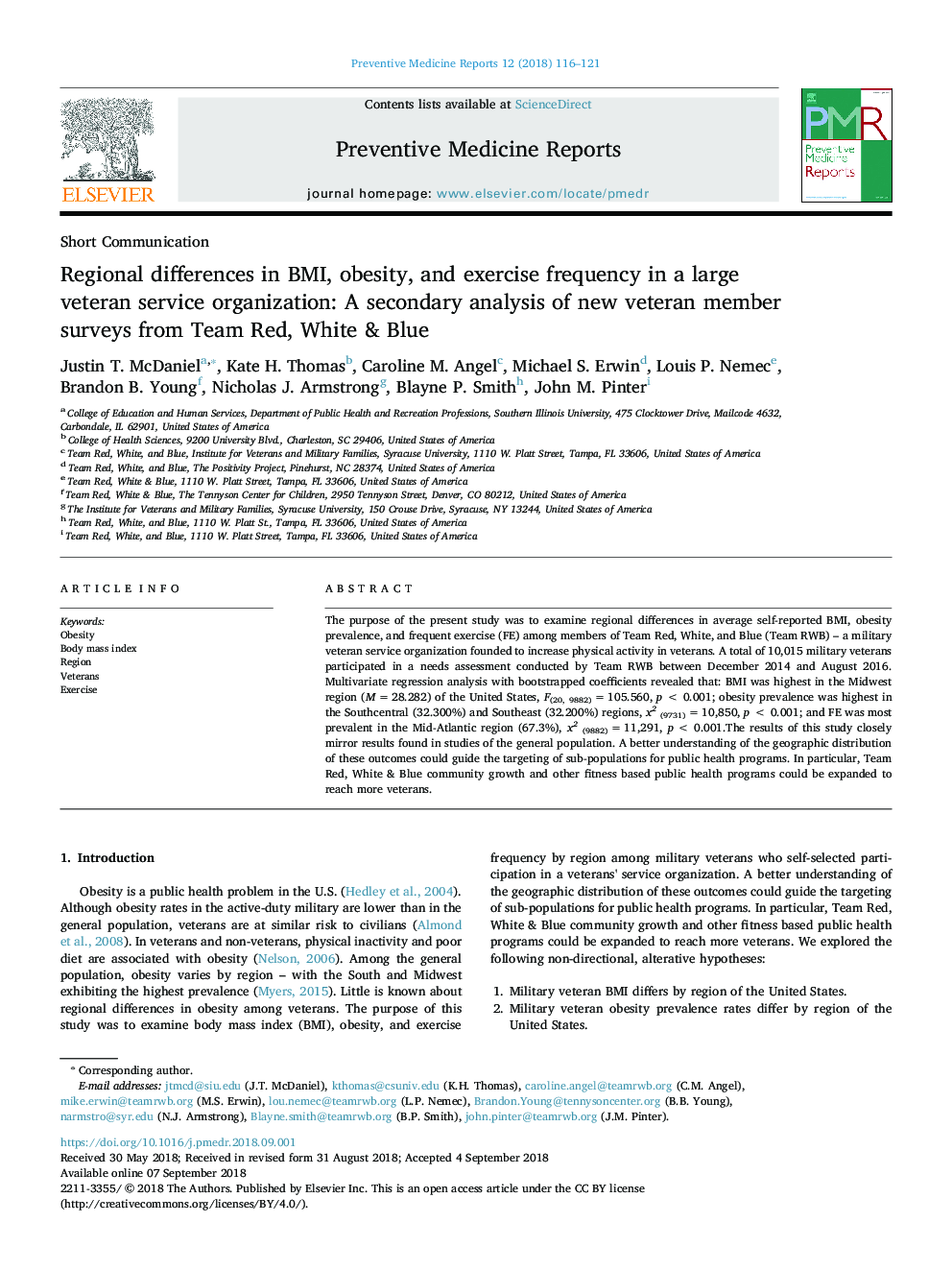 Regional differences in BMI, obesity, and exercise frequency in a large veteran service organization: A secondary analysis of new veteran member surveys from Team Red, White & Blue