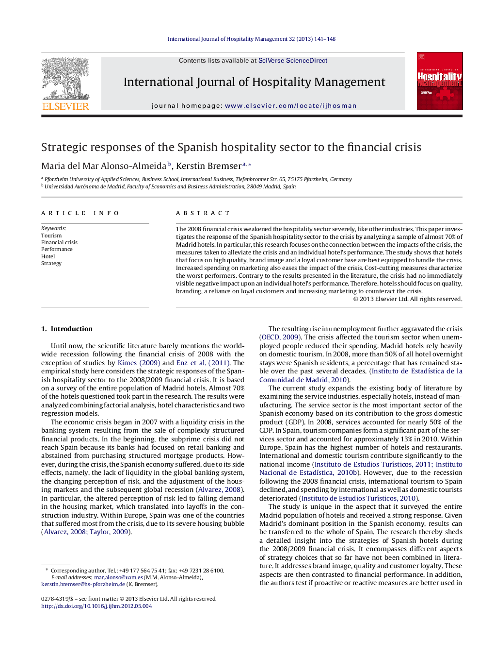 Strategic responses of the Spanish hospitality sector to the financial crisis