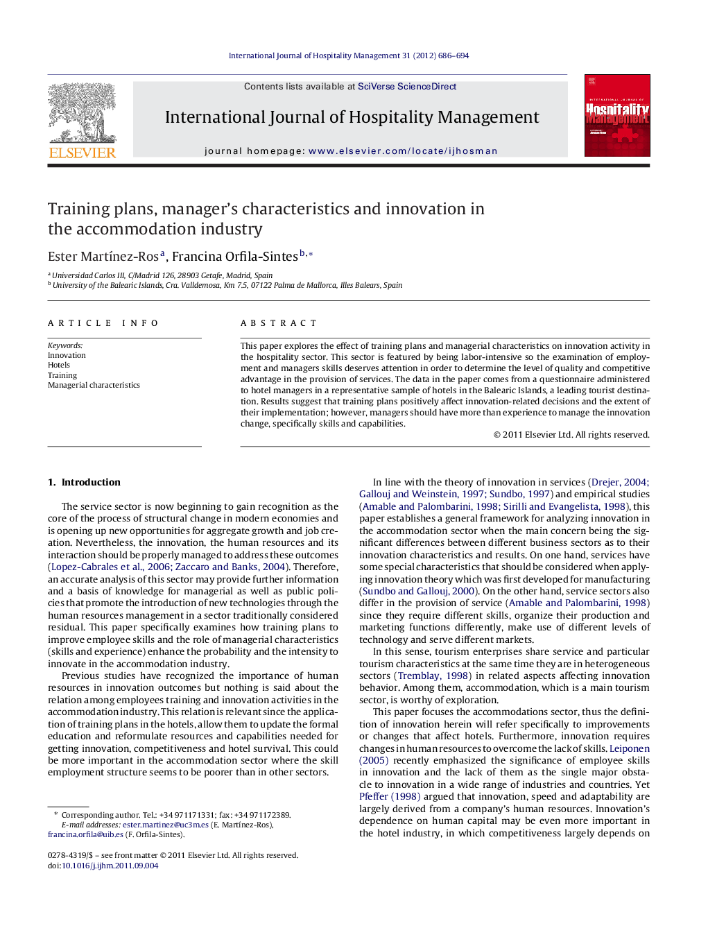 Training plans, manager's characteristics and innovation in the accommodation industry