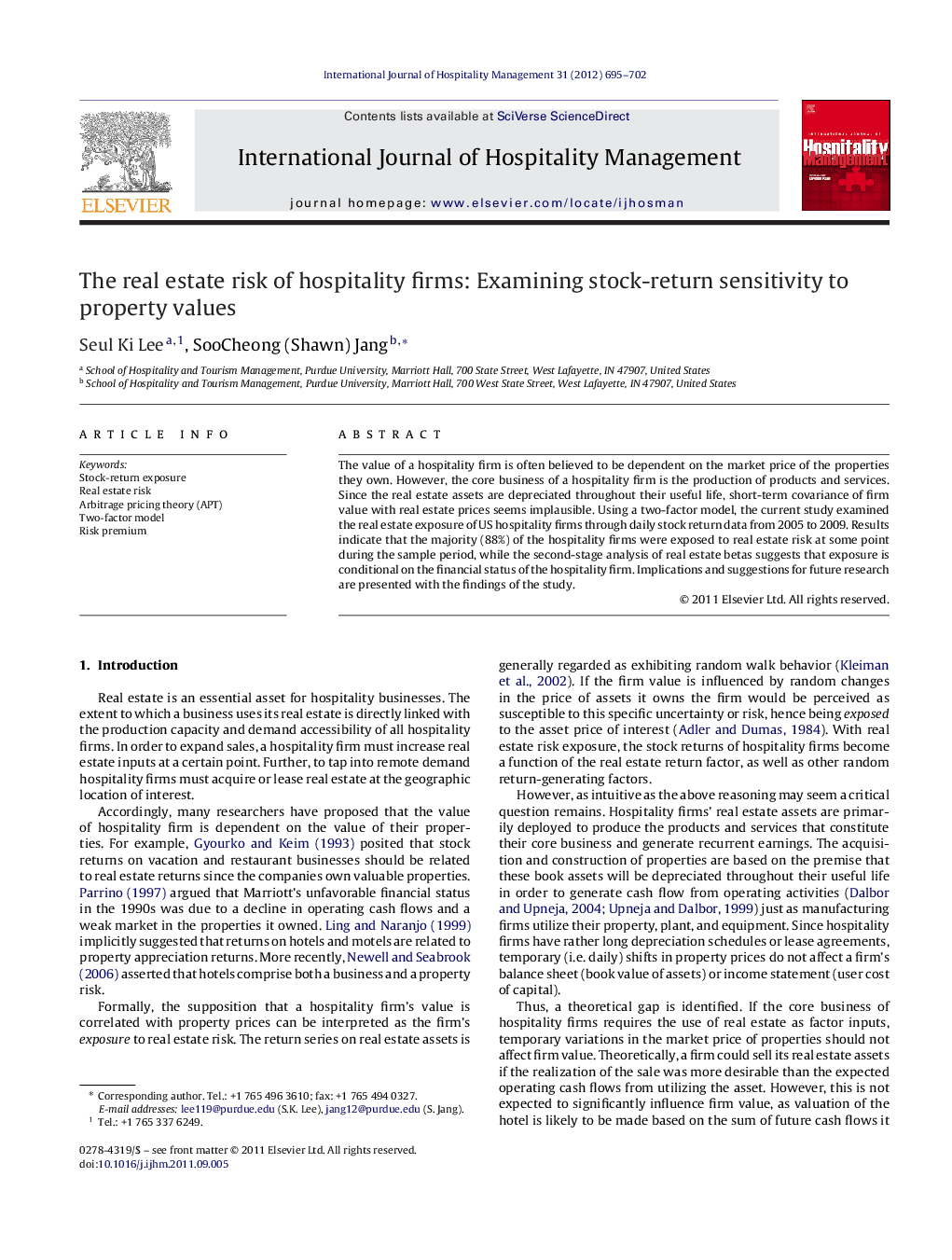 The real estate risk of hospitality firms: Examining stock-return sensitivity to property values