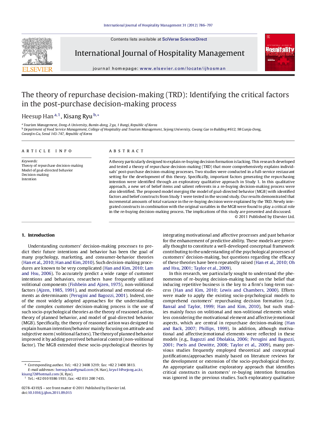 The theory of repurchase decision-making (TRD): Identifying the critical factors in the post-purchase decision-making process