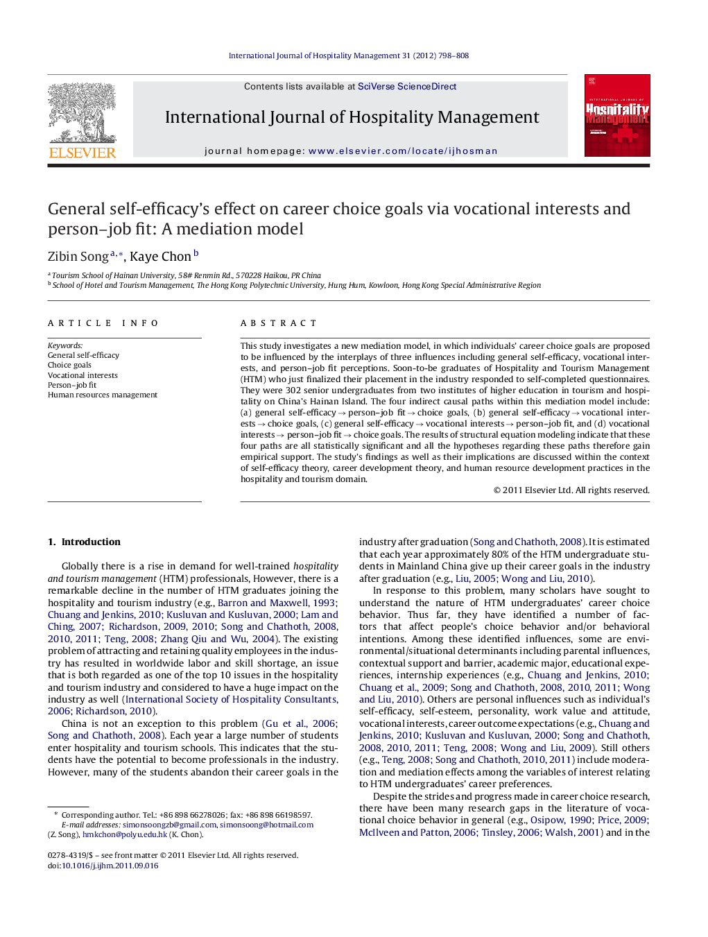 General self-efficacy's effect on career choice goals via vocational interests and person–job fit: A mediation model