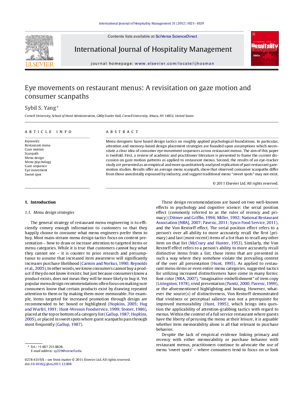 Eye movements on restaurant menus: A revisitation on gaze motion and consumer scanpaths