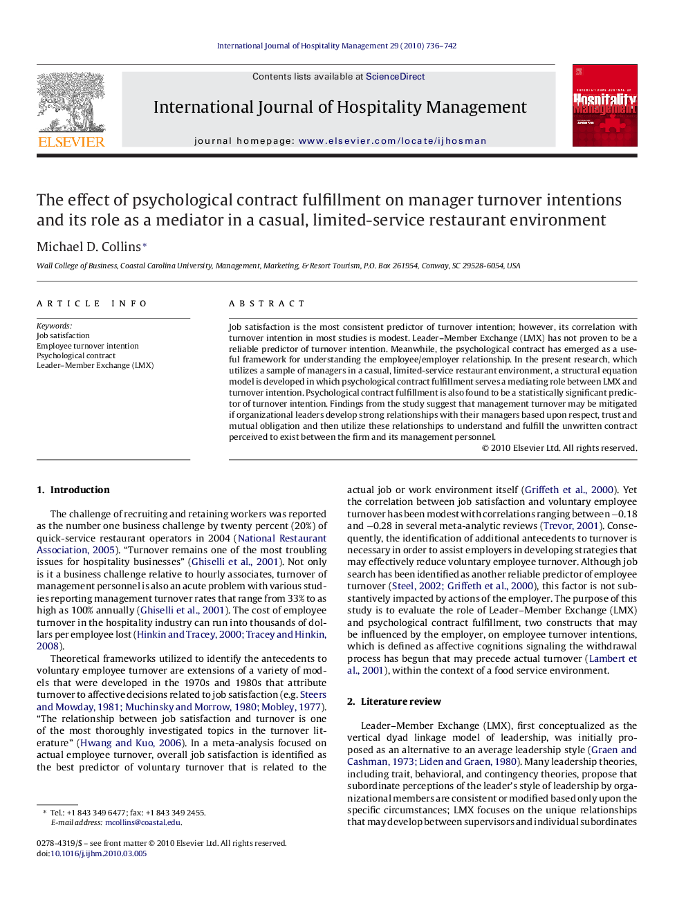 The effect of psychological contract fulfillment on manager turnover intentions and its role as a mediator in a casual, limited-service restaurant environment