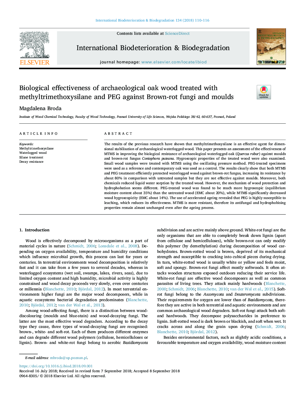 Biological effectiveness of archaeological oak wood treated with methyltrimethoxysilane and PEG against Brown-rot fungi and moulds