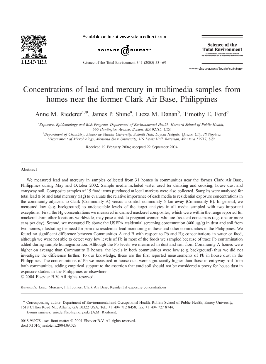 Concentrations of lead and mercury in multimedia samples from homes near the former Clark Air Base, Philippines