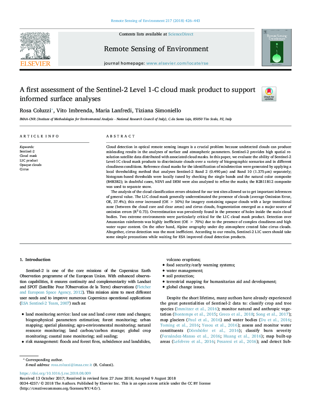 A first assessment of the Sentinel-2 Level 1-C cloud mask product to support informed surface analyses