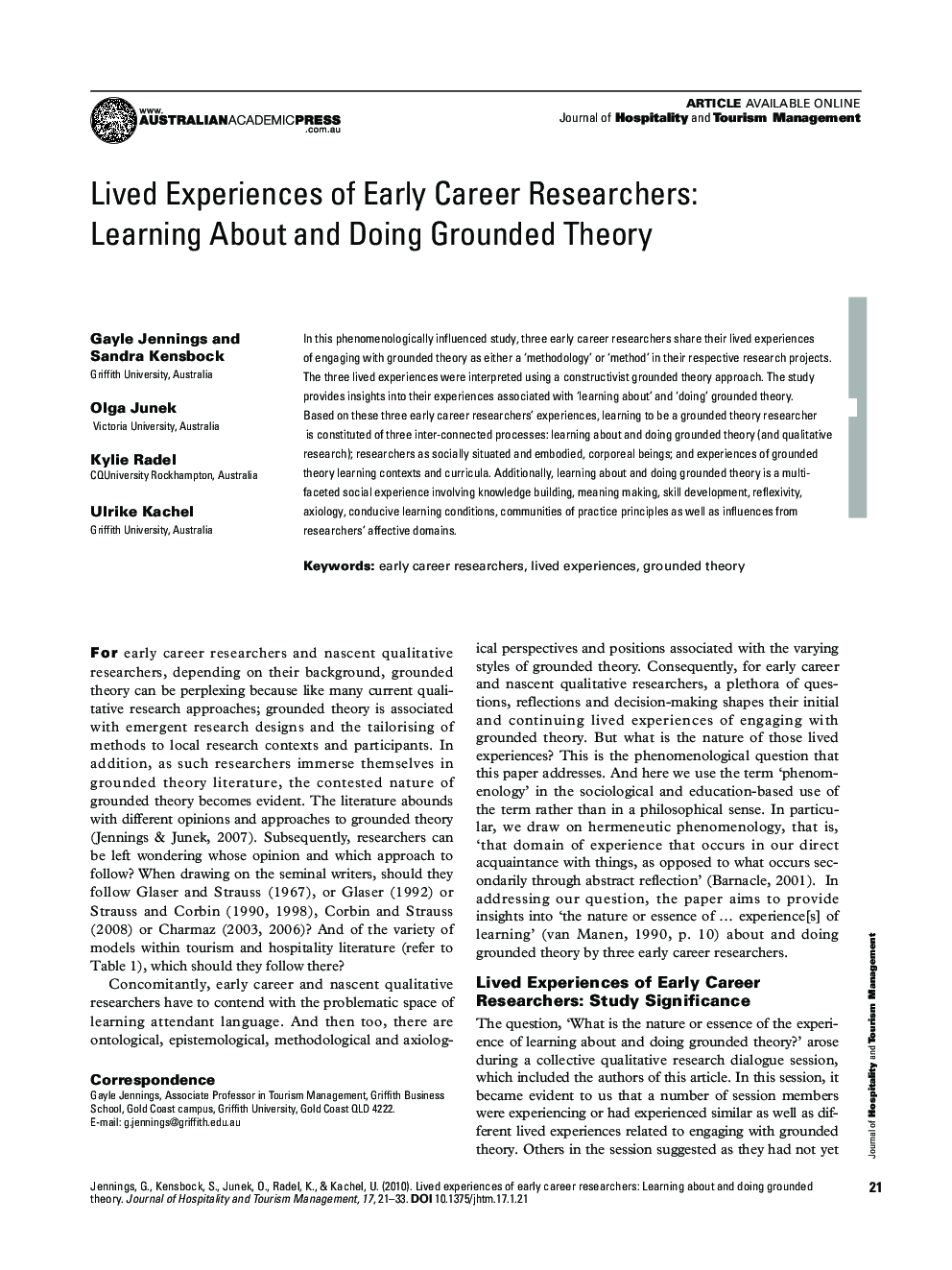 Lived Experiences of Early Career Researchers: Learning About and Doing Grounded Theory