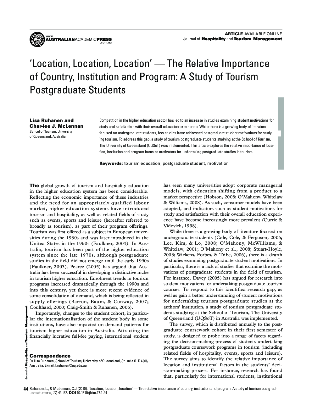 ‘Location, Location, Location’ — The Relative Importance of Country, Institution and Program: A Study of Tourism Postgraduate Students