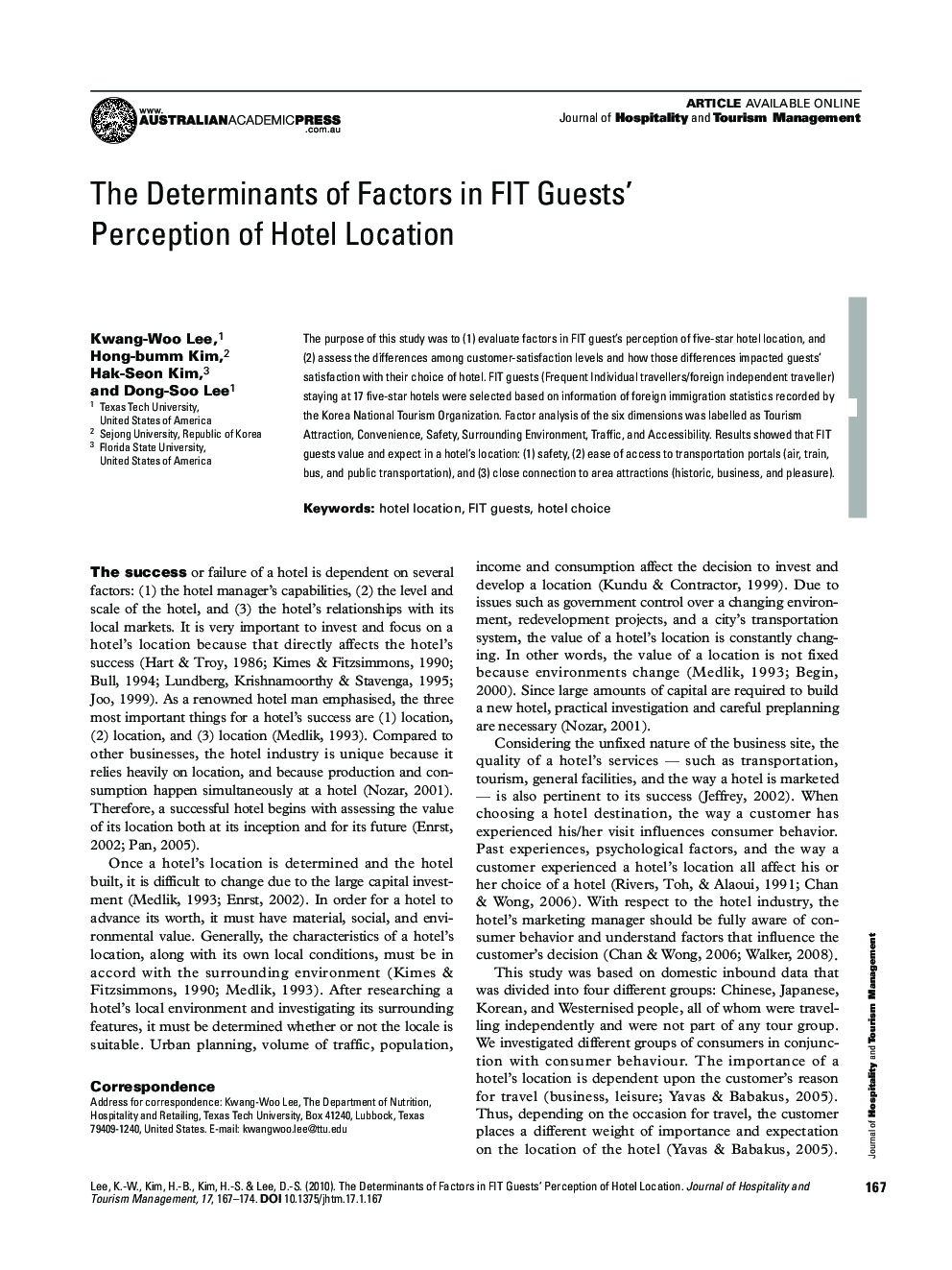 The Determinants of Factors in FIT Guests' Perception of Hotel Location