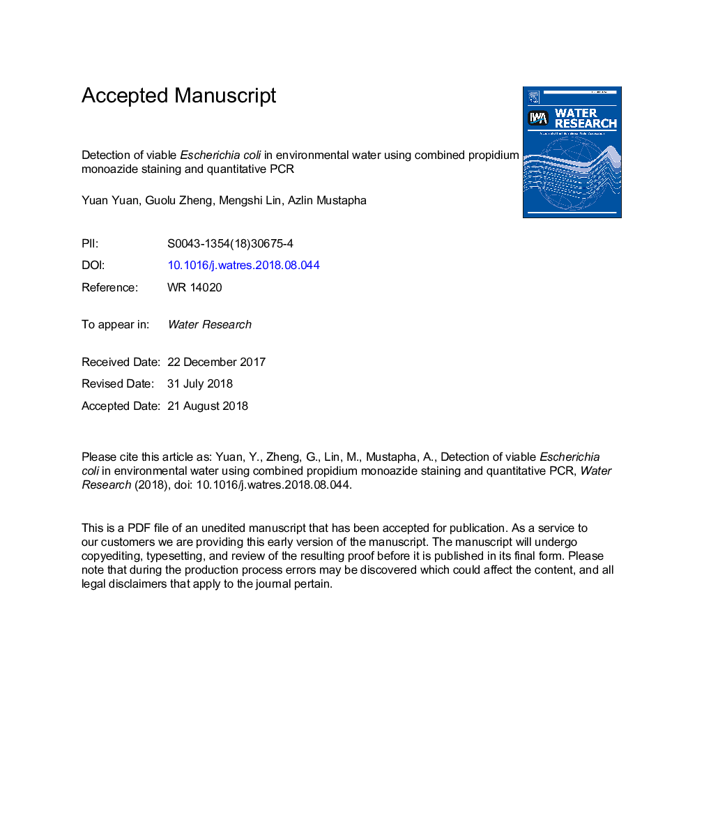 Detection of viable Escherichia coli in environmental water using combined propidium monoazide staining and quantitative PCR