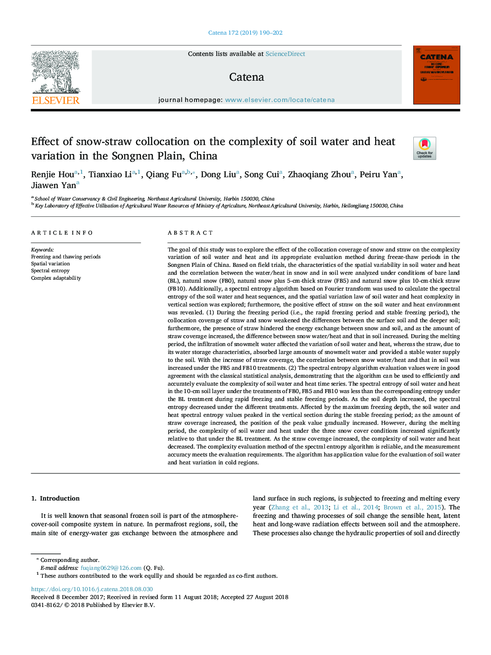 Effect of snow-straw collocation on the complexity of soil water and heat variation in the Songnen Plain, China