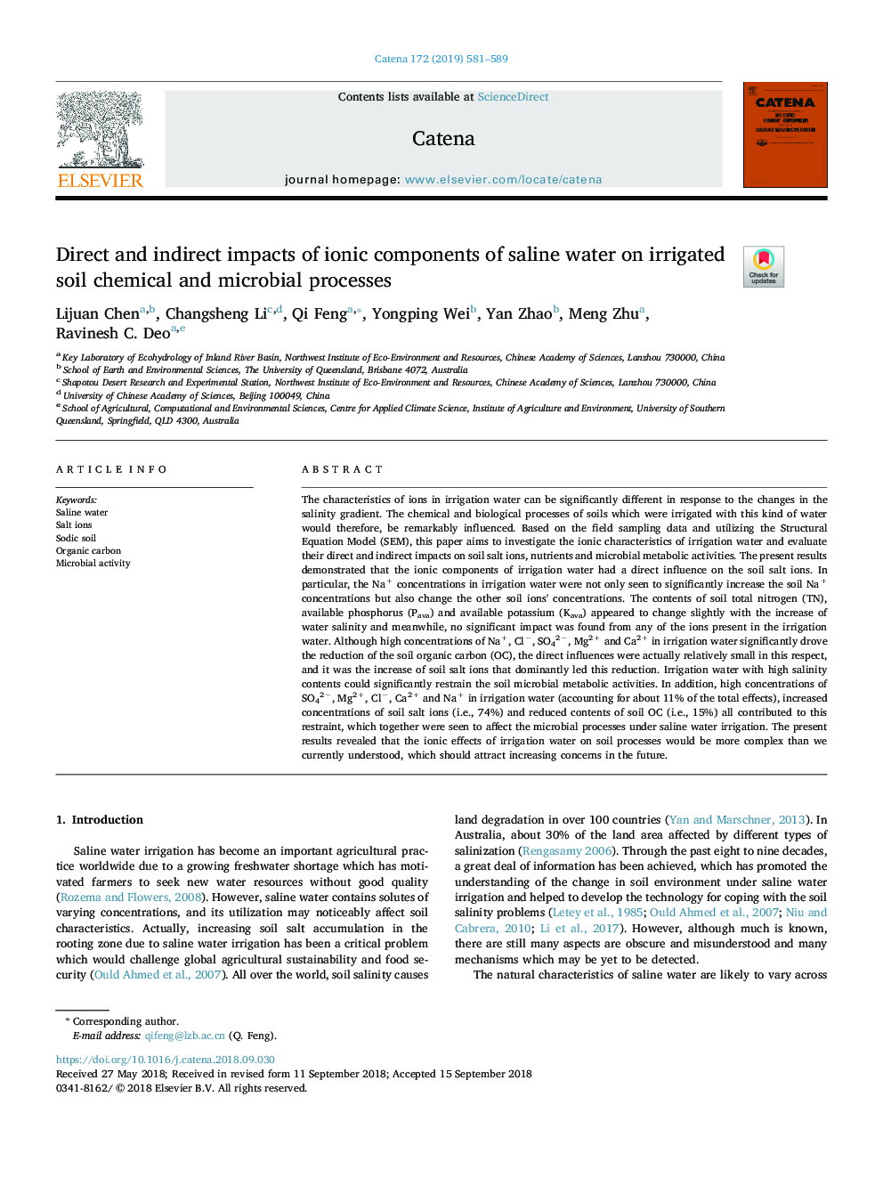 اثرات مستقیم و غیر مستقیم اجزای یونی آب شور بر روی فرآیندهای شیمیایی و میکروبی خاک آبی
