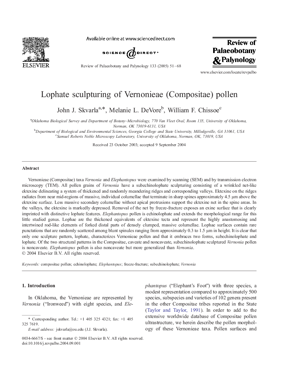 Lophate sculpturing of Vernonieae (Compositae) pollen