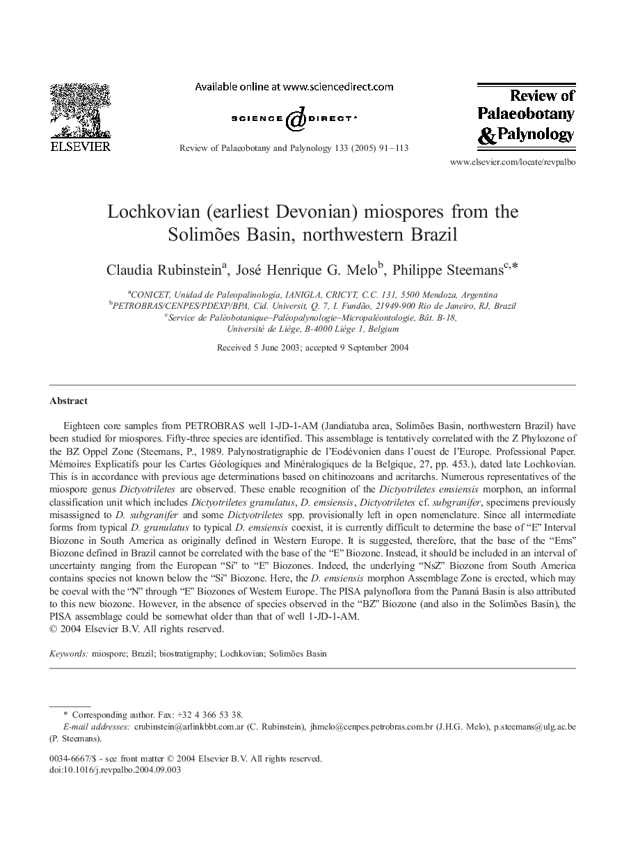 Lochkovian (earliest Devonian) miospores from the SolimÃµes Basin, northwestern Brazil