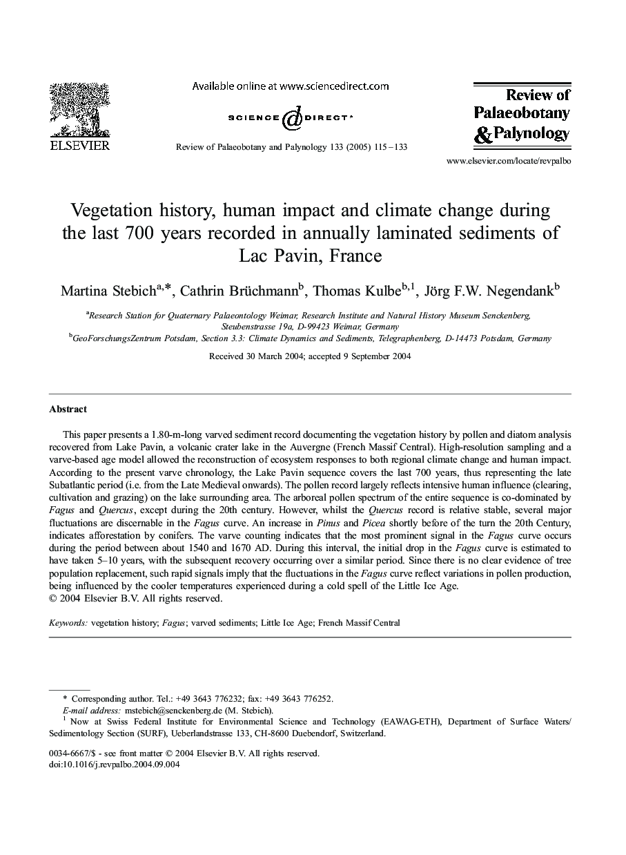 Vegetation history, human impact and climate change during the last 700 years recorded in annually laminated sediments of Lac Pavin, France