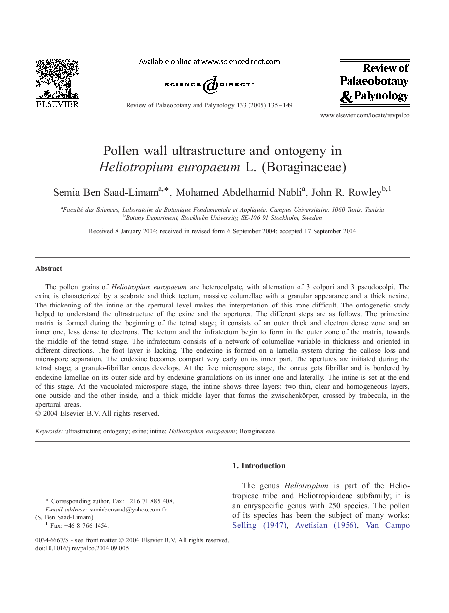 Pollen wall ultrastructure and ontogeny in Heliotropium europaeum L. (Boraginaceae)