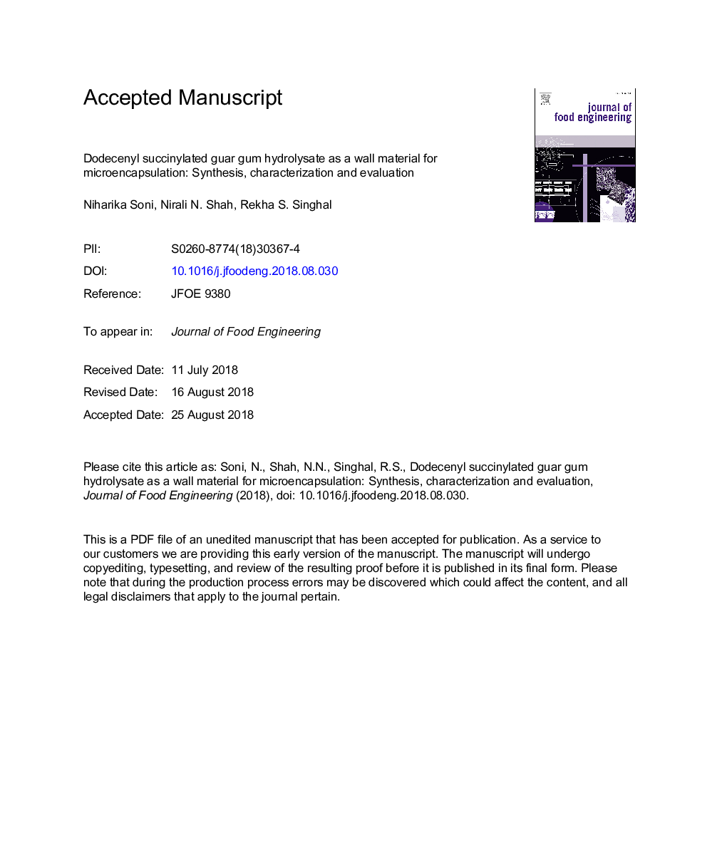 هیدرولیزر آدامس آدنویل سوکینیل شده گارا به عنوان یک ماده دیوار برای میکروکپسوله سازی: سنتز، مشخص کردن و ارزیابی