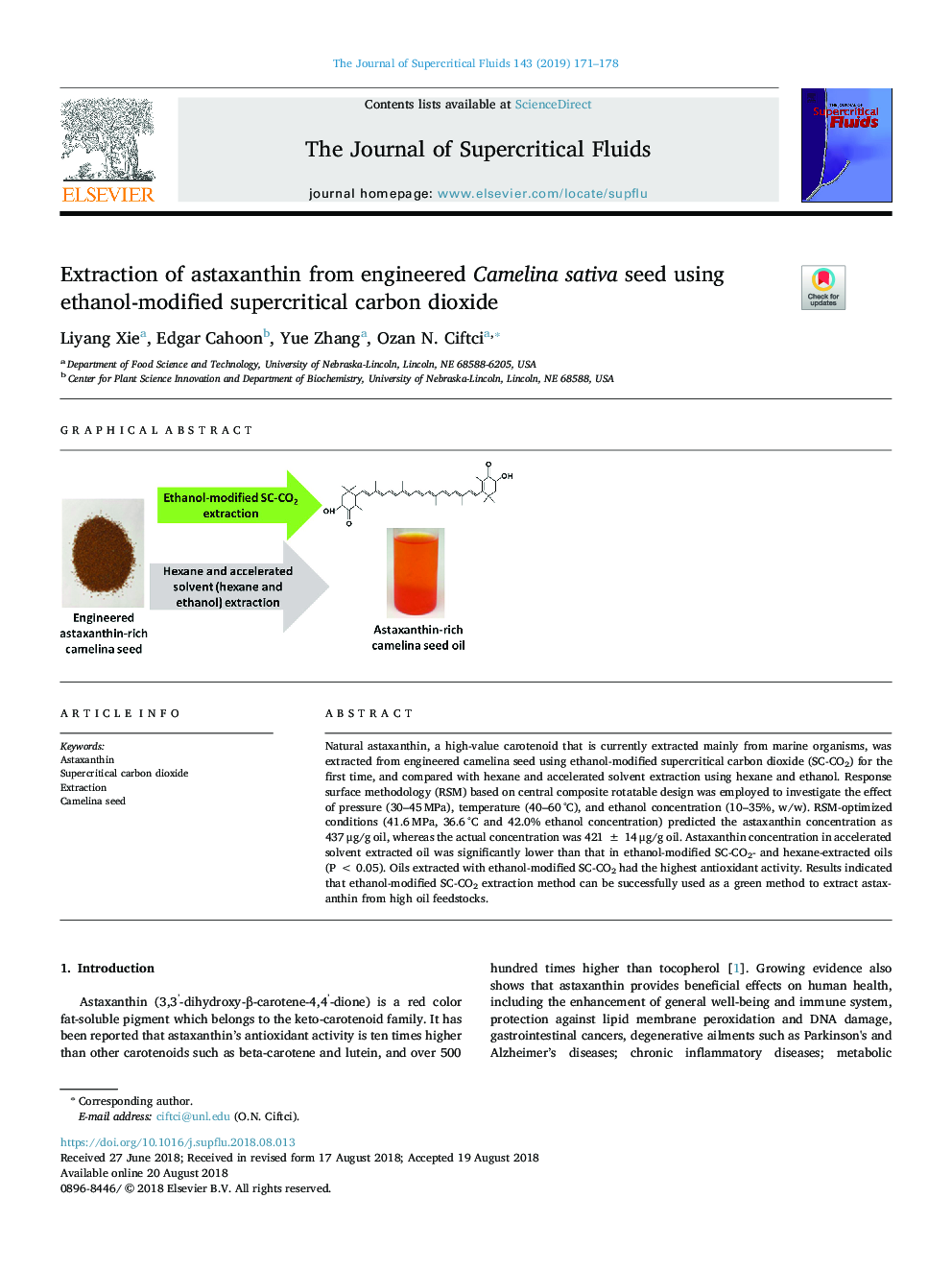 Extraction of astaxanthin from engineered Camelina sativa seed using ethanol-modified supercritical carbon dioxide