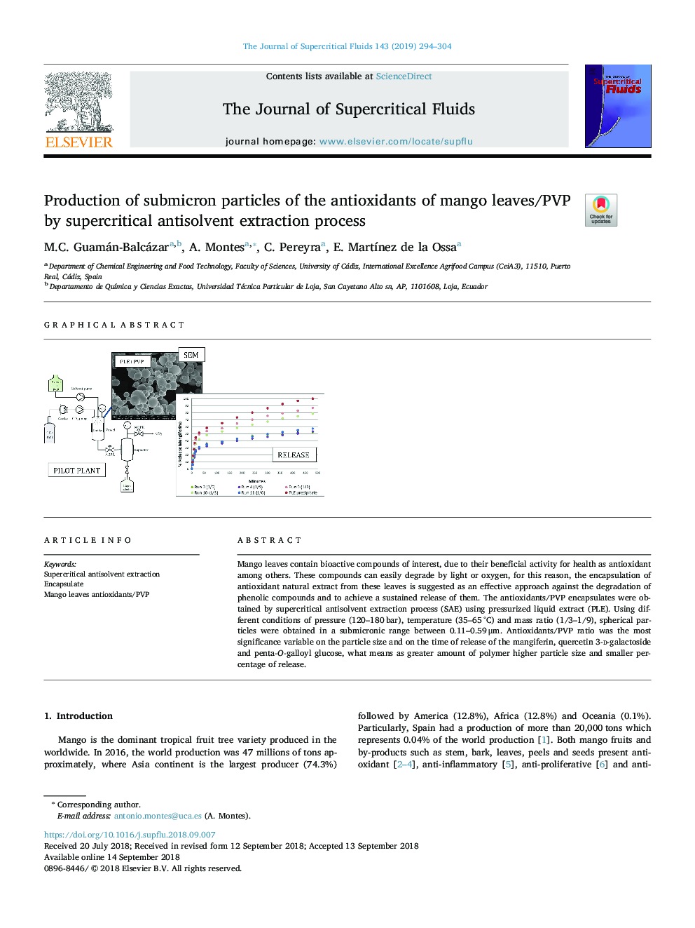 Production of submicron particles of the antioxidants of mango leaves/PVP by supercritical antisolvent extraction process