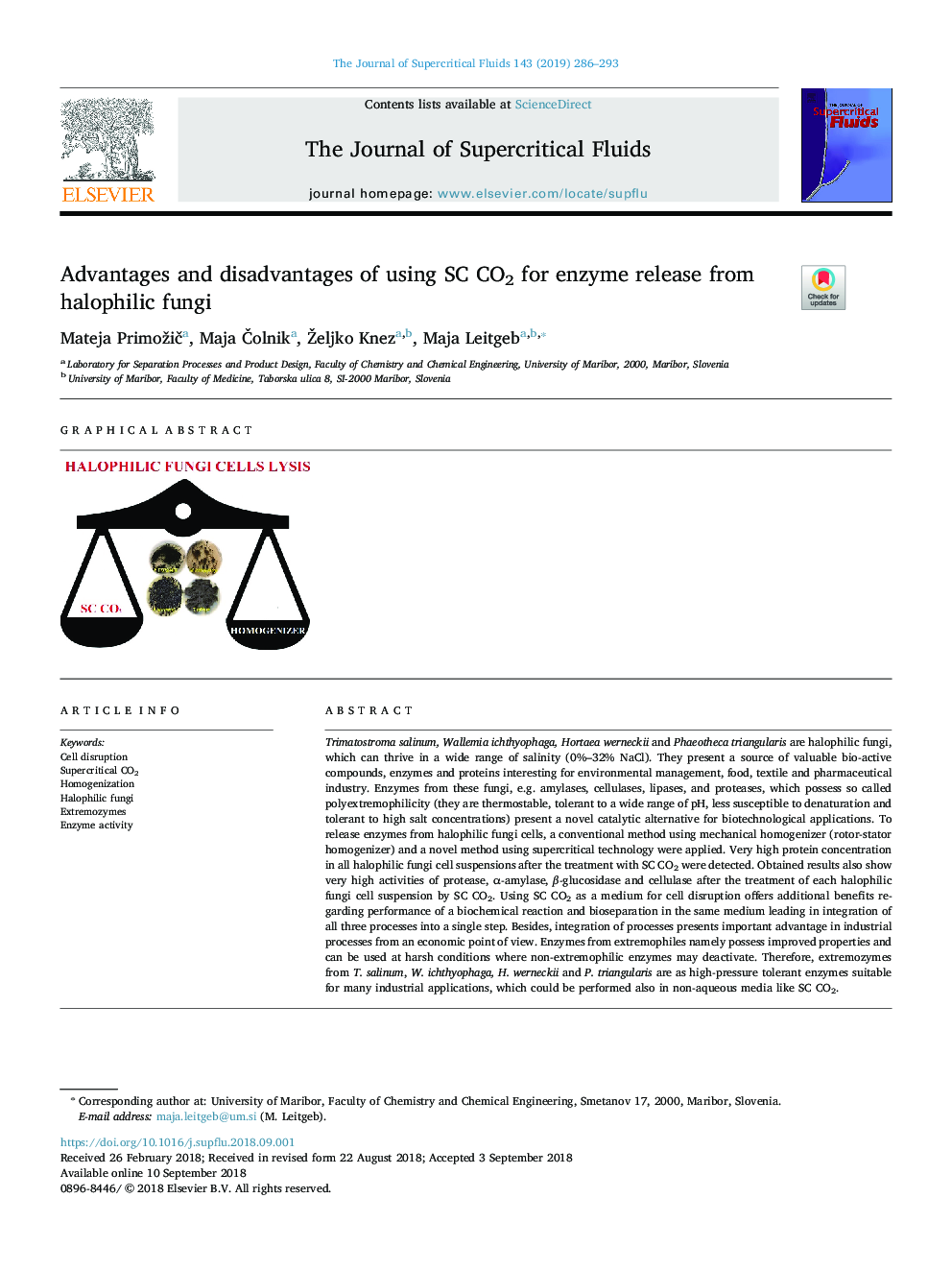 Advantages and disadvantages of using SC CO2 for enzyme release from halophilic fungi