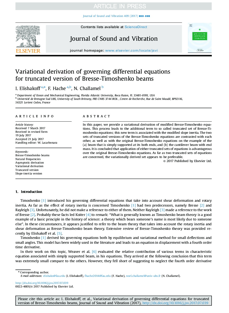 Variational derivation of governing differential equations for truncated version of Bresse-Timoshenko beams