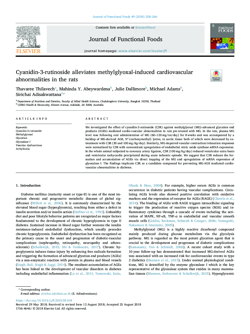 Cyanidin-3-rutinoside alleviates methylglyoxal-induced cardiovascular abnormalities in the rats