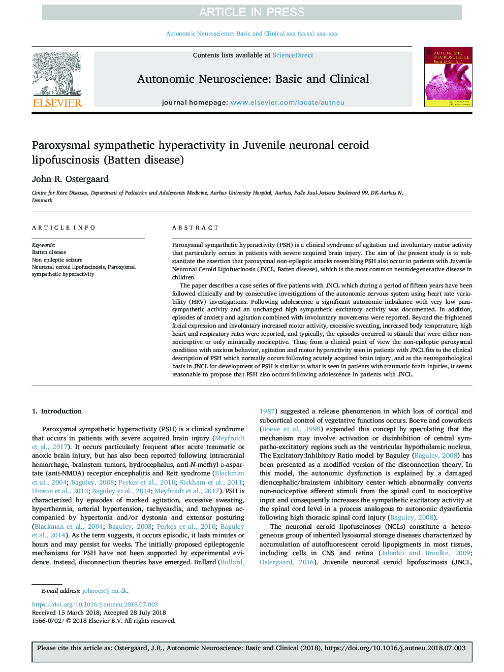 Paroxysmal sympathetic hyperactivity in Juvenile neuronal ceroid lipofuscinosis (Batten disease)