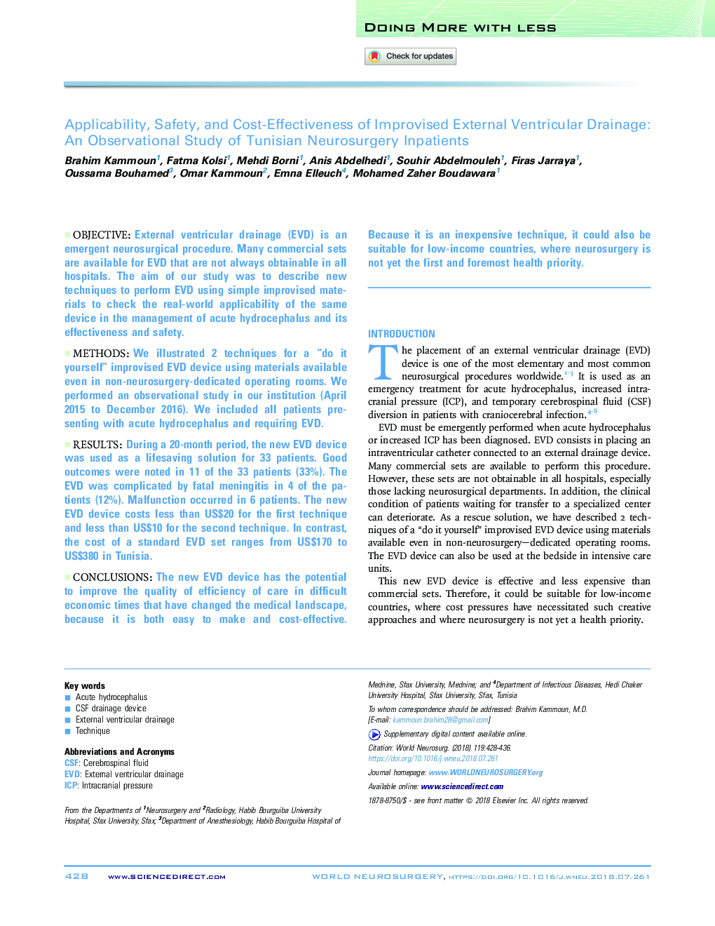 کاربرد، ایمنی و هزینه-اثربخشی زهکشی بیرونی خارجی بهبود یافته: مطالعه ی مقدماتی بستری در بخش جراحی مغز و اعصاب تونس