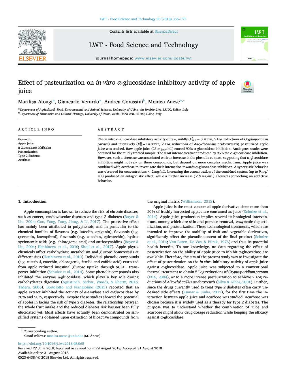 Effect of pasteurization on in vitro Î±-glucosidase inhibitory activity of apple juice