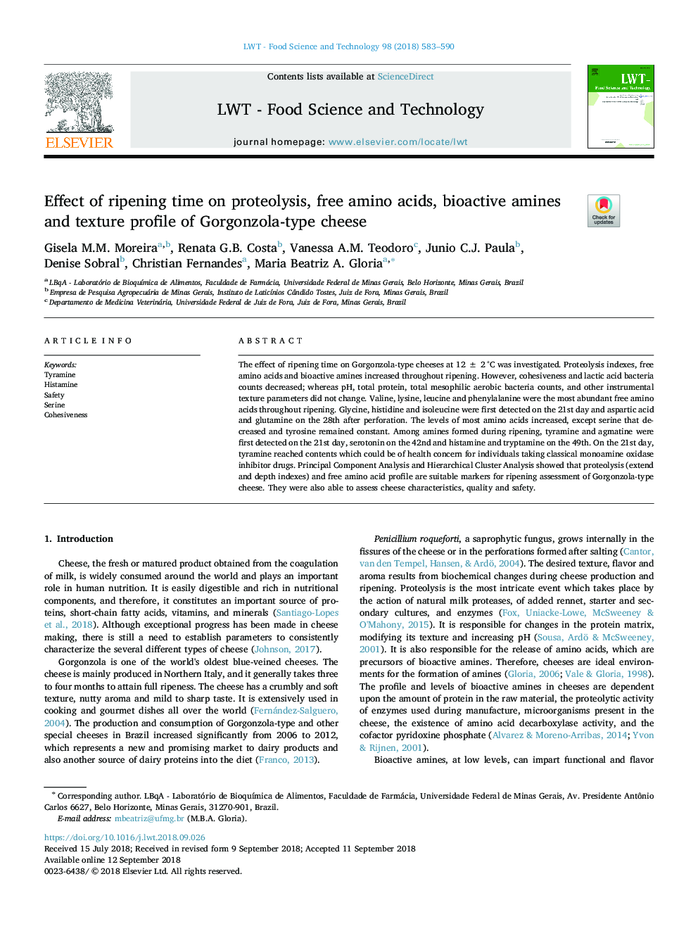 Effect of ripening time on proteolysis, free amino acids, bioactive amines and texture profile of Gorgonzola-type cheese