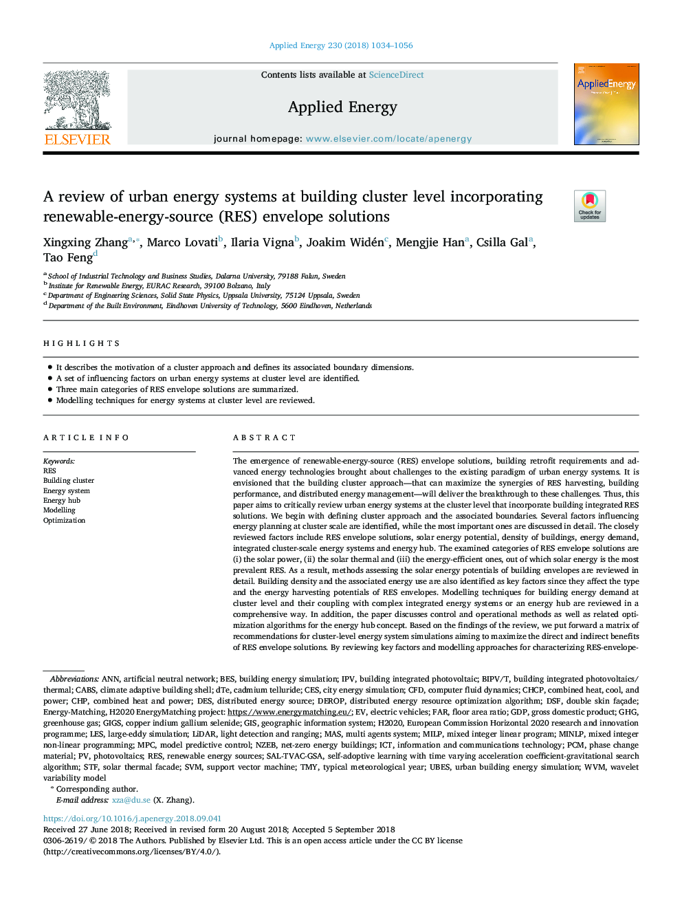 A review of urban energy systems at building cluster level incorporating renewable-energy-source (RES) envelope solutions