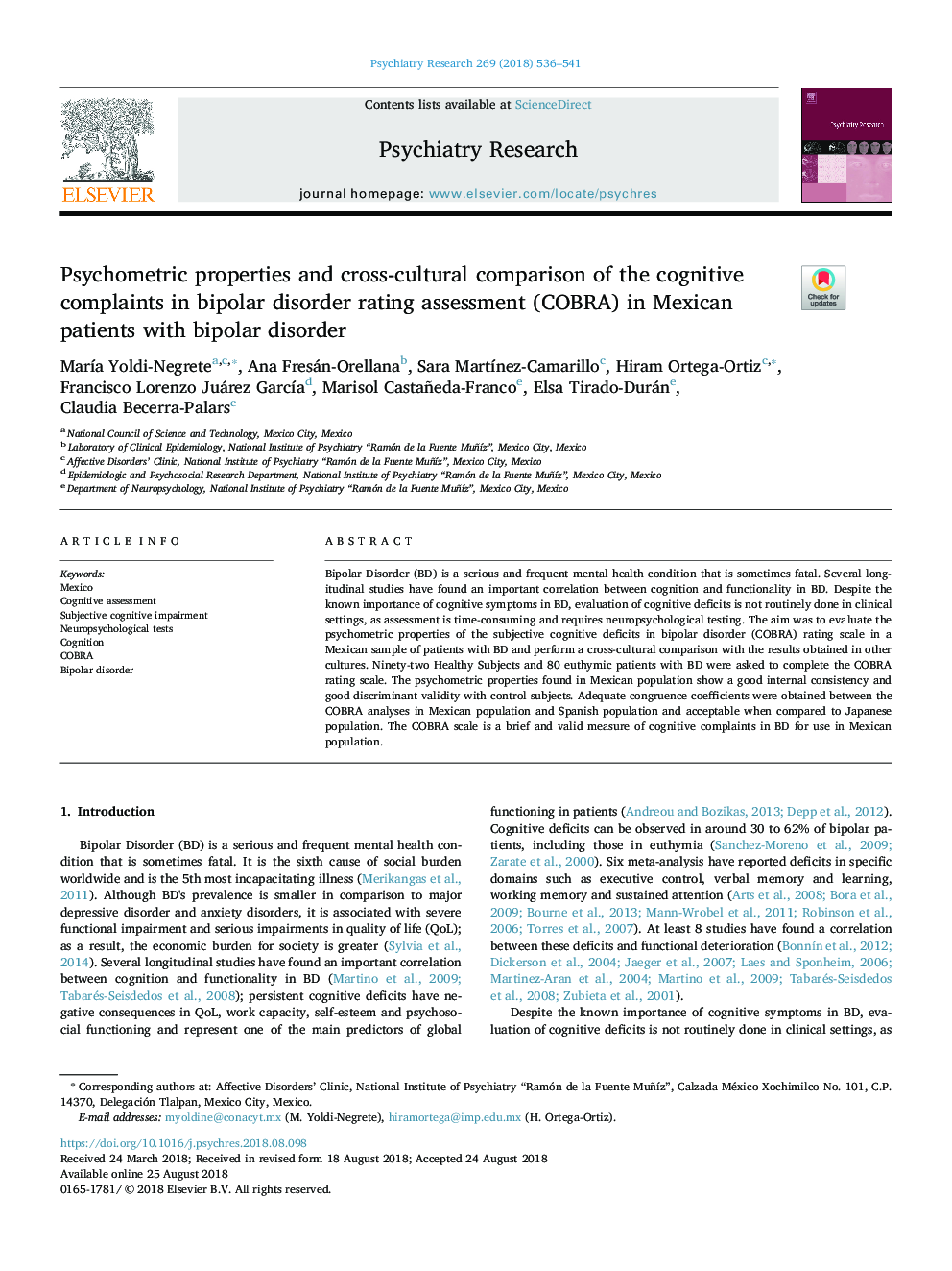 Psychometric properties and cross-cultural comparison of the cognitive complaints in bipolar disorder rating assessment (COBRA) in Mexican patients with bipolar disorder